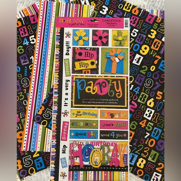 🎈🎉 BO BUNNY “HIP GIP HOORAY” STICKERS & SCRAPBOOK PAPER BUNDLE. RETIRED DESIGN - Picture 1 of 5